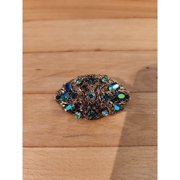 Vtg West Germany Filigree Blue Green Glass Rhinestone Brooch Gold Tone - Picture 2 of 5